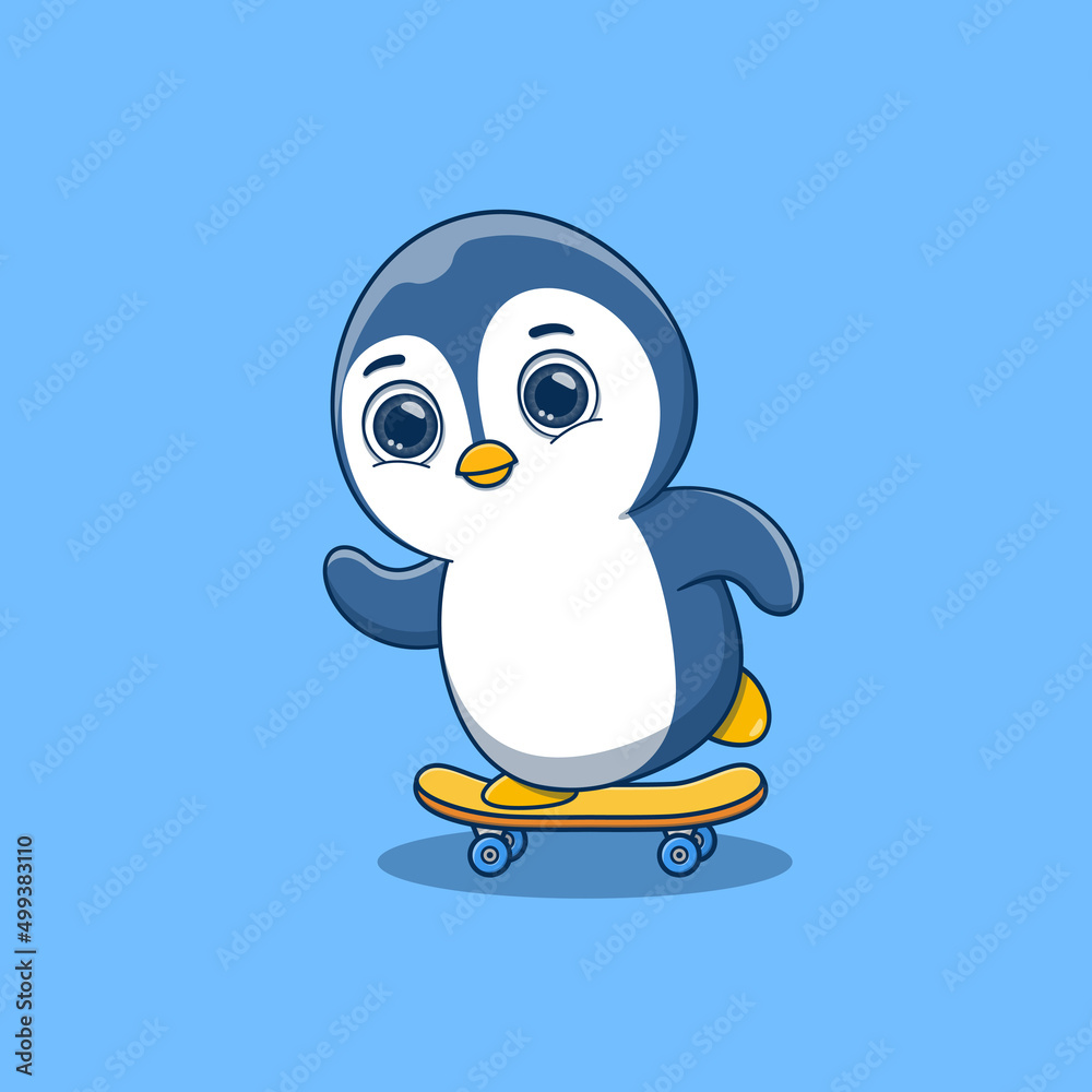 cute penguin playing skateboard cartoon
