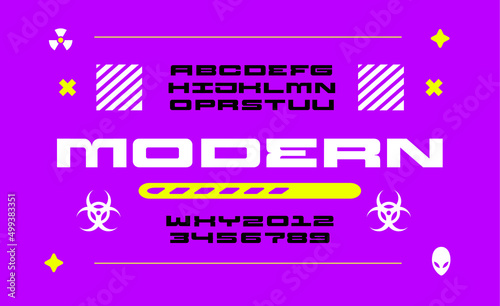 Trendy low font. Modern latin alphabet. Uppercase, letters and numbers. Stylish type for contemporary logo, print, header.