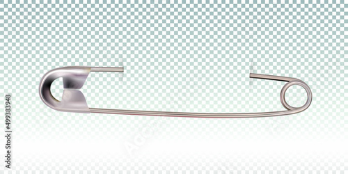 Safety pin pinned, template isolated on transparent background. Object with shadow. Vector illustration.
