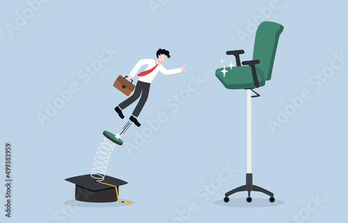 Job promotion require educational level, positive impact of education on career development concept. Businessman jumping springboard  attached to graduation cap up to higher office chair.