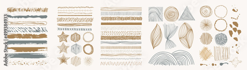 Set of abstract hand drawn patterns and organic line in circle. Elements of watercolor brush, curved and wavy line, scribble and brush stroke. Collection for product design, marketing, ads and decor.
