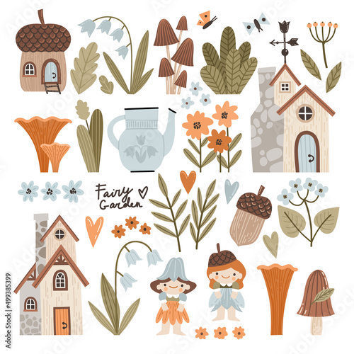 Vector illustrations set of forest plants, magic houses, flowers and fairy tale characters. Cute, fabulous houses, acorns, mushrooms, lilies of the valley in cartoon style.