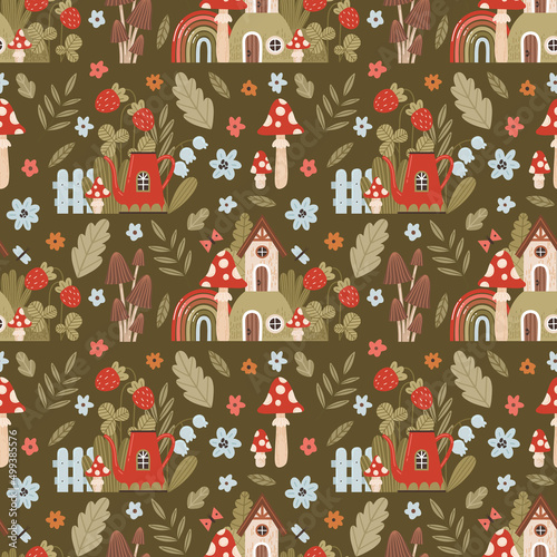 Fototapeta Naklejka Na Ścianę i Meble -  Bright fairy pattern with fairy houses and forest plants in cartoon style. Seamless background with amanita, ferns, flowers, fairy houses, rainbow.