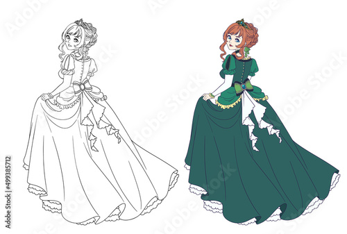 Vector illustration of cartoon princess standing and wearing ball dress.