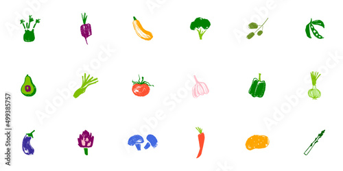 Vector vegetable signs. Vegan label, banner, healthy food packaging design. Hand drawn avocado symbol, potato icon, artichoke logo, celery Illustration, asparagus emblem, carrot insignia, tomato badge