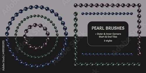 Pattern brush set with dark pearl beads. Chain brush with corners, end and start tiles. Classic black coloration of pearl. Isolated on dark backgrounds.