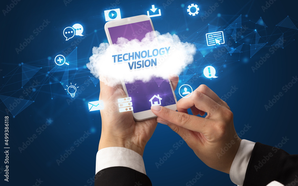 Hand using smartphone with cloud technology concept Hand using smartphone with cloud technology concept