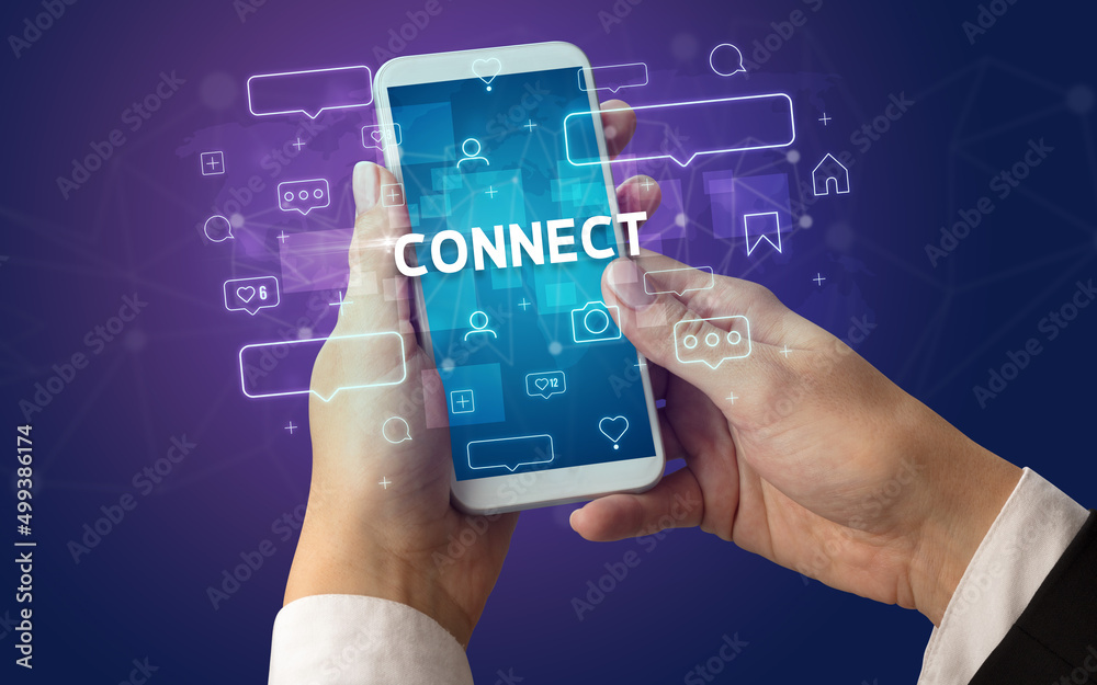 Hand using smartphone with social media concept