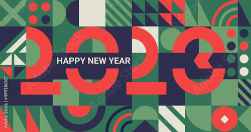 Geometric banner for 2023 New Year.Greeting poster with numbers on minimalistic background with simple geometry shapes.Template for flyer,web, cover,calendar,web,presentation,print.Vector illustration