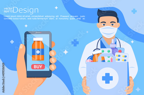 Hand with smartphone for online order of medicines.Bag with pills,bottles,antibiotics.Online pharmacy with home delivery service-drugs, prescription medicines order.Vector for web,banners,flyers.