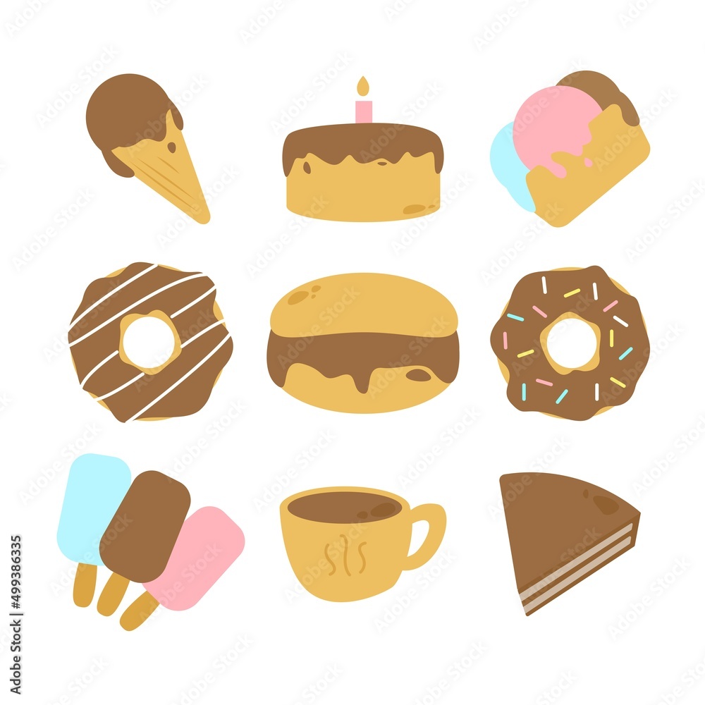 Cakes and Sweets set food. Delicious dessert vector.