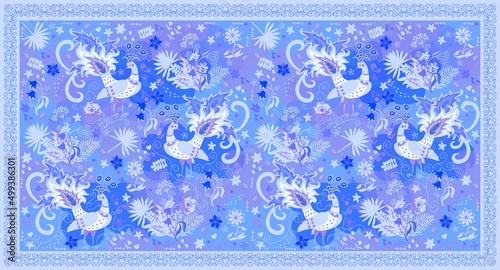 Beautiful winter horizontal ornament for a scarf, pashmina, towel with fabulous peacocks, palm leaves, flowers in light blue, cobalt, soft lilac colors in vector. Fashion accessory in vintage style.