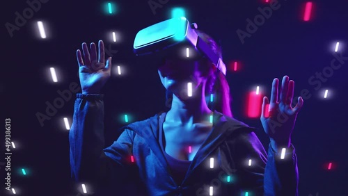 Metaverse VR virtual reality game playing, man and woman play metaverse virtual digital technology game control with VR goggle