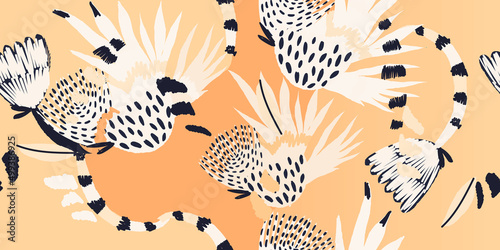 Modern bright abstract exotic floral pattern. Collage trendy seamless pattern. Hand drawn cartoon style illustration.