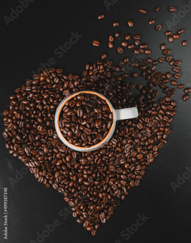 Cup of coffee, heart-shaped coffee beans