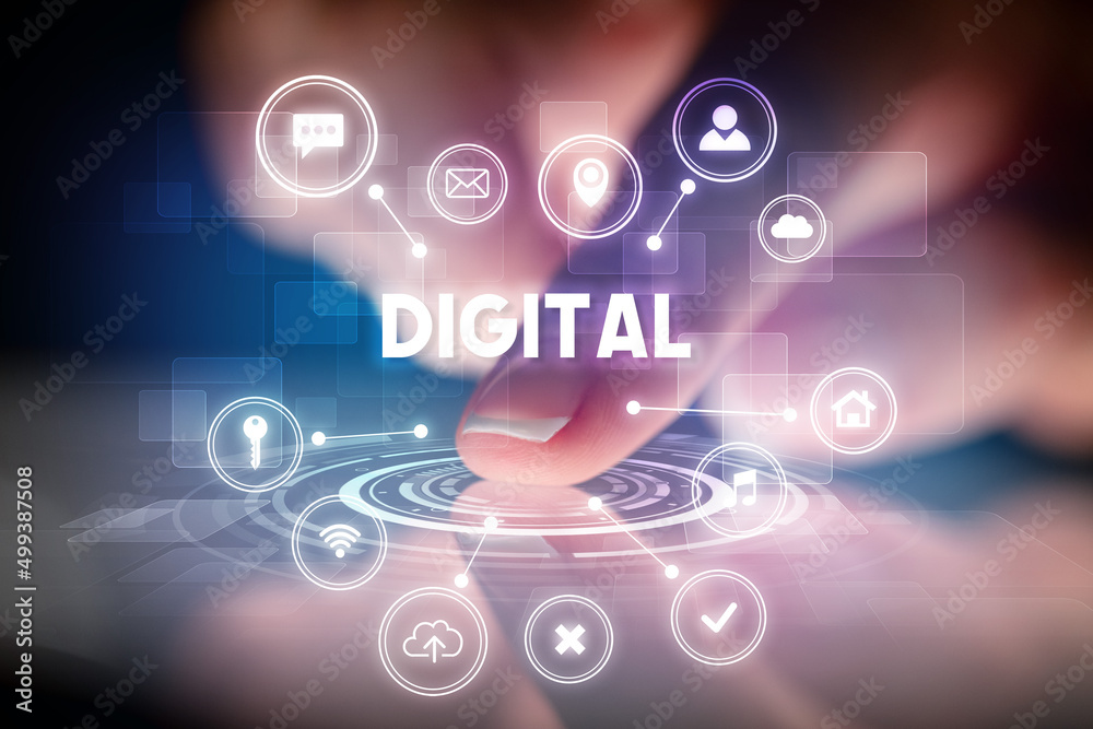 Finger touching tablet with web technology icons concept Finger touching tablet with web technology icons concept
