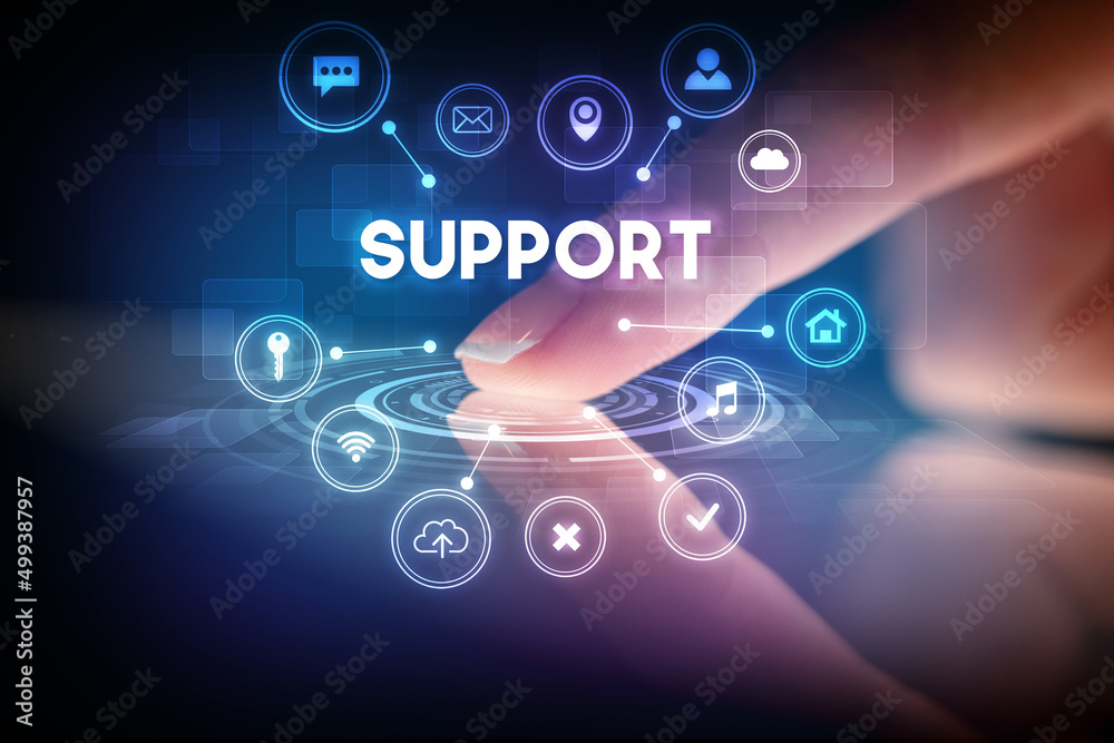 Finger touching tablet with web technology icons concept Finger touching tablet with web technology icons concept