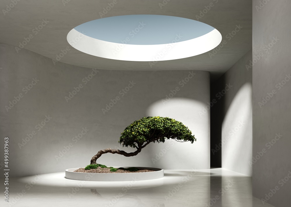 3d render of a white empty large space with a bonsai podium on a concrete floor and a round central hole in the ceiling - obrazy, fototapety, plakaty 