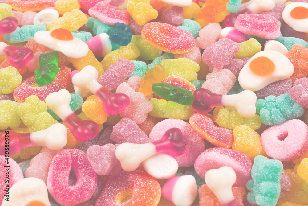 Assorted gummy candies. Top view. Jelly sweets. Assorted gummy candies. Top view. Jelly sweets.