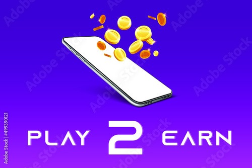Play to earn vector design. Smartphone with coins and white text on purple background. Earning money and NFT's on mobile and web games. Metaverse concept. photo