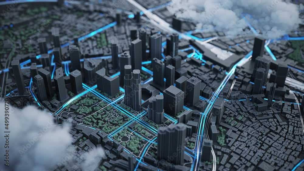 Digital model of a city streets. 3d animation