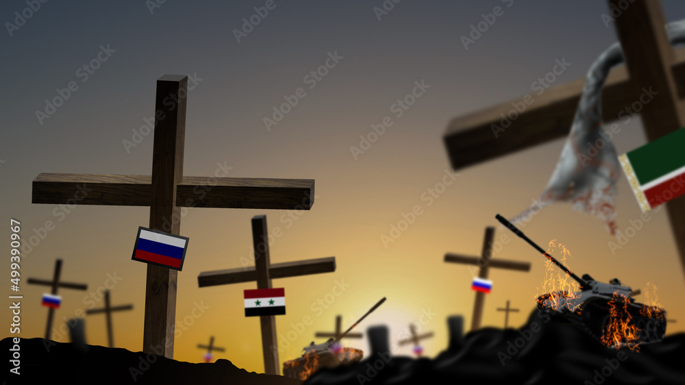 wooden crosses with russian flags. Crosses and memorials in the cemetery. war.