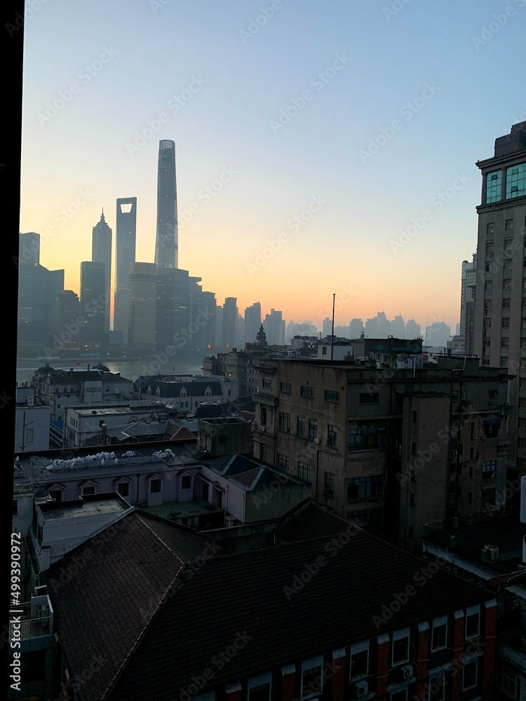 city skyline at sunset