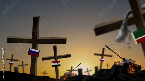 wooden crosses with russian flags. Crosses and memorials in the cemetery. war.