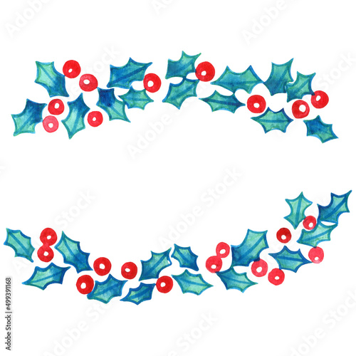 Holly leaves with red berry watercolor wreath for decoration on Christmas holiday festival.