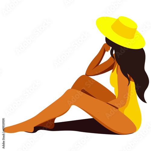 vector illustration on the theme of summer holidays. a tanned girl in a yellow swimsuit sits on her knees on the beach in a hat isolated on a white background. useful for advertising summer holiday.