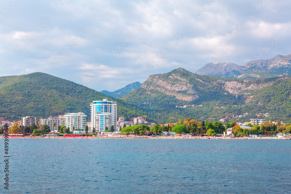 Budva city in Montenegro , view from the sea . Adriatic Sea and Balkan Mountains 