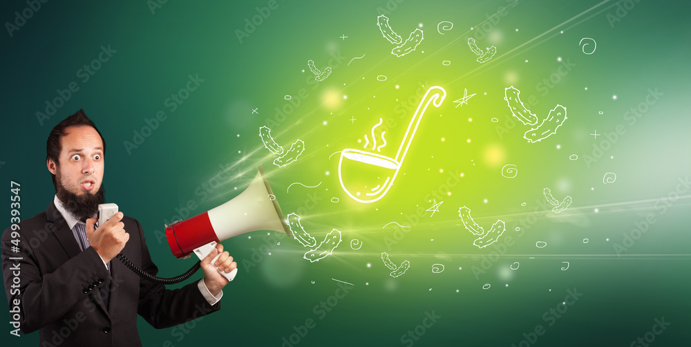 Young person with megaphone and healthy food icon Young person with megaphone and healthy food icon