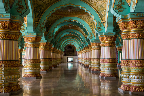 Durbar Hall or Audience Hall inside the royal Mysore Palace. Beautiful decorated interior ceiling and pillars.  Mysuru, Karnataka, India. Incredible India. Heritage Building. UNESCO photo