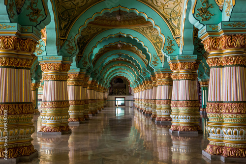 Durbar Hall or Audience Hall inside the royal Mysore Palace. Beautiful decorated interior ceiling and pillars.  Mysuru, Karnataka, India. Incredible India. Heritage Building. UNESCO