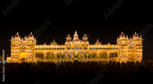 Fully illuminated 120 year old grand Mysore Palace during Dasara (Vijaya Dashami)  Festivals, Mysuru, Karnataka, India