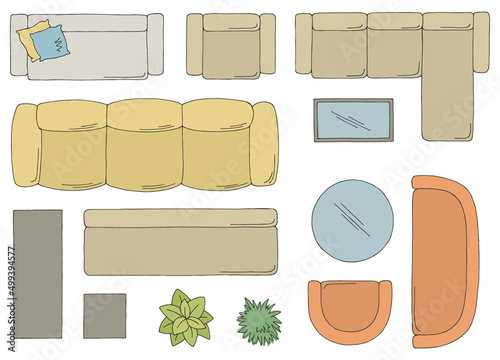 Furniture set floor plan architect design element graphic color top sketch aerial view isolated illustration vector 