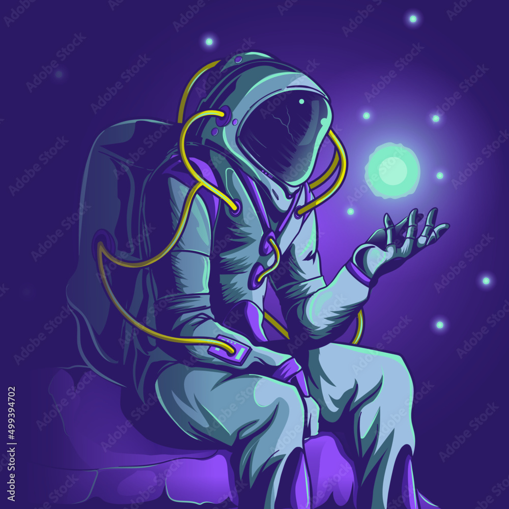 astronaut contemplating lights in empty space