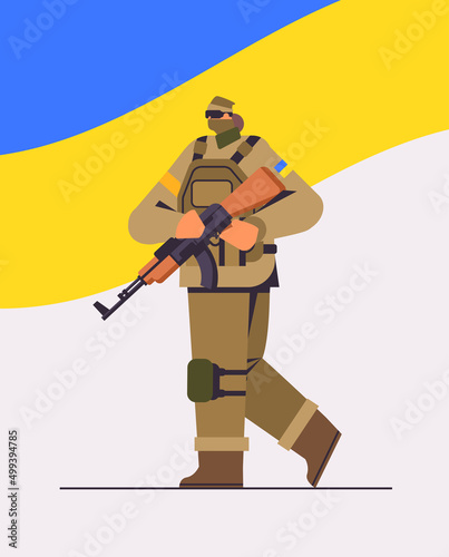 Ukrainian soldier in full body armor special forced Ukrainian defender in military cloth armed forces of Ukraine stop war