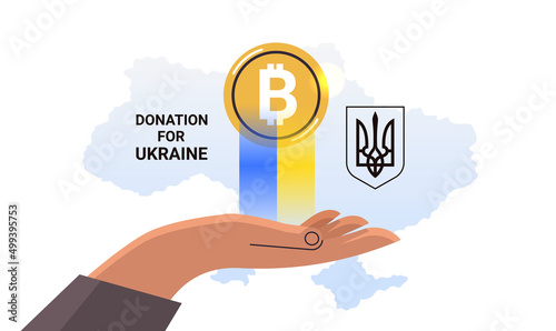 hand holding bitcoin crypto currency help Ukraine anti war donation to Ukrainian army donate to help save Ukraine solidarity