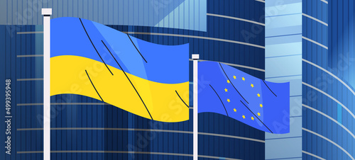 Ukraunian and European union flags pray for peace save Ukraine from russia stop war concept photo