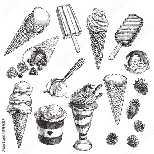 Vector vintage set of ice cream in engraving style. Hand drawn collection illustrations with candies, scoop for it and berries for stuffing. Sketches for menu design.
