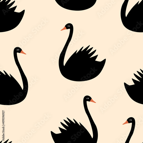 Beautiful black swans hand drawn vector illustration. Elegant bird in flat style. Vintage seamless pattern.