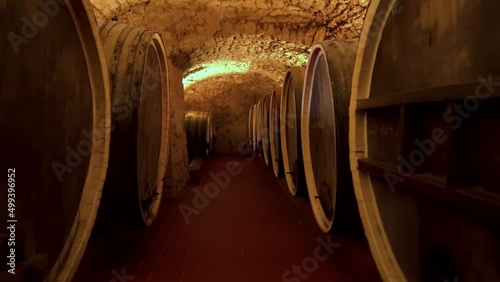 Wine Culture Center Shabo. Shabo plant in Odessa region. Aging of wine in oak barrels in the cellar. Modern technologies of wine production. Grape processing