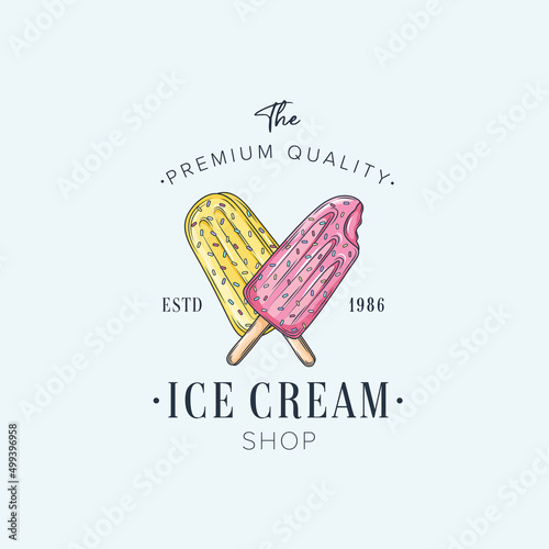 Colorful Ice cream shop logo label or emblem in caartoon style for your design on suburst background. Vector illustration.