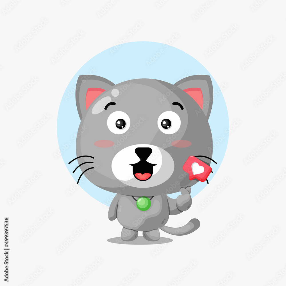Naklejka premium Cute cat with love sign hand cartoon illustration