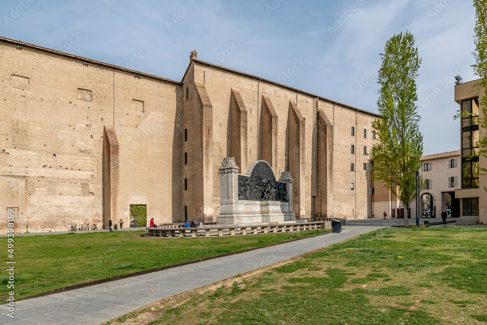 A glimpse of the Palazzo della Pilotta, Parma, Italy, with the monument to Giuseppe Verdi