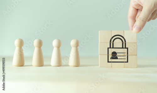 Personal data protection concept. Against digital cyber crime. Cyber security, information security, secure access to information privacy on internet access. Wooden cubes with personal data, lockpad.