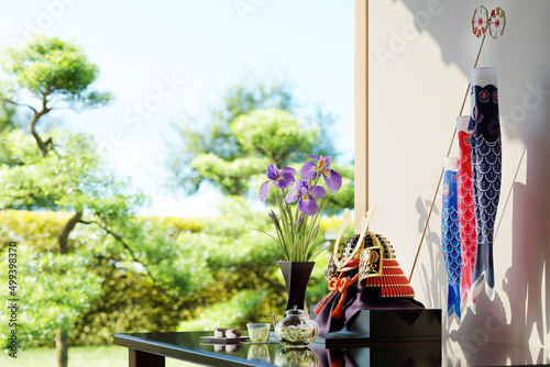 爽やかな光が差す和室に置かれた兜飾りと鯉のぼり / こどもの日・端午の節句・日本の伝統行事と和室インテリア / 3Dレンダリング photo