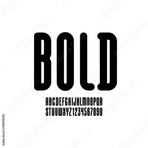 Condensed font, rounded long alphabet, modern letters and numbers