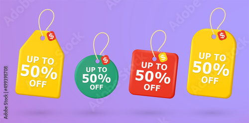 Price tags with 50% discount. Color special offers labels of various shapes with cord for sale.